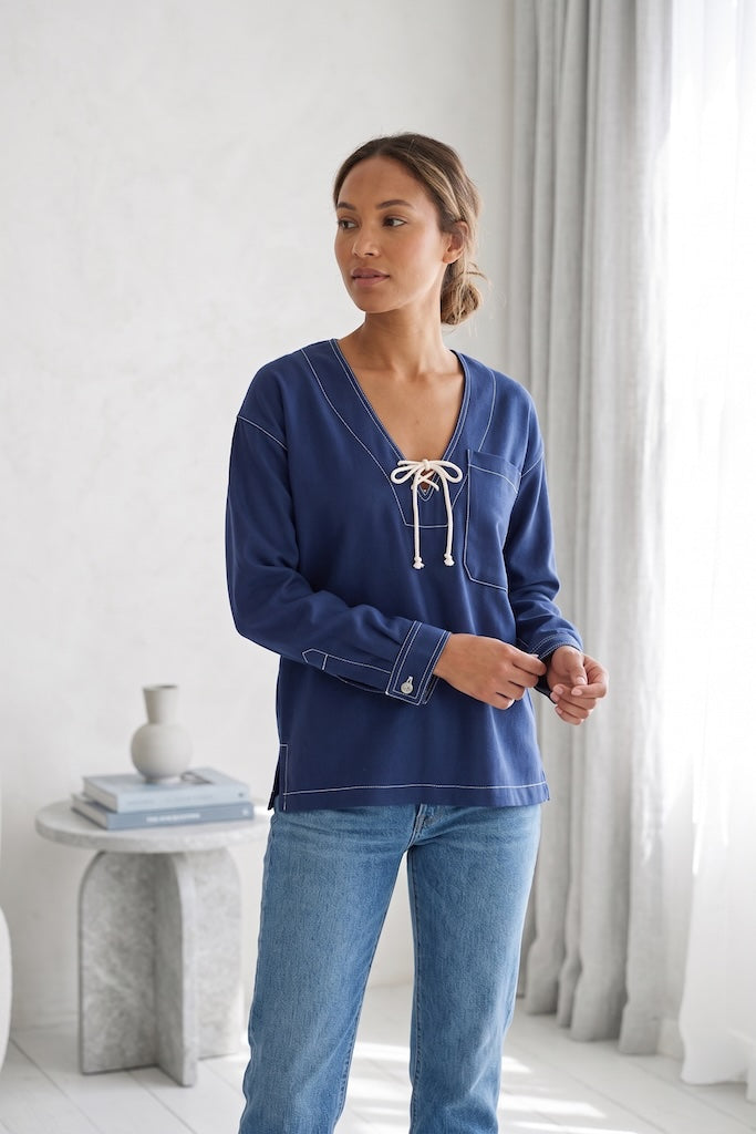 Vintage Oscar de la Renta Nautical Blue Tunic Top-ThisBlueBird