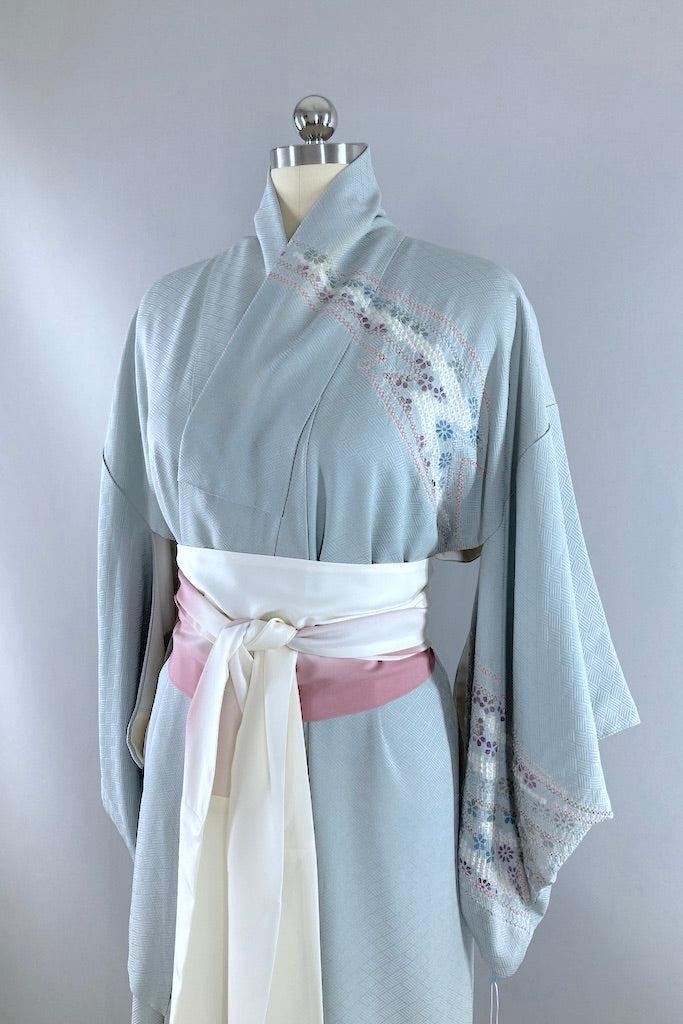 Vintage Pale Blue Grey Shibori Silk Kimono-ThisBlueBird