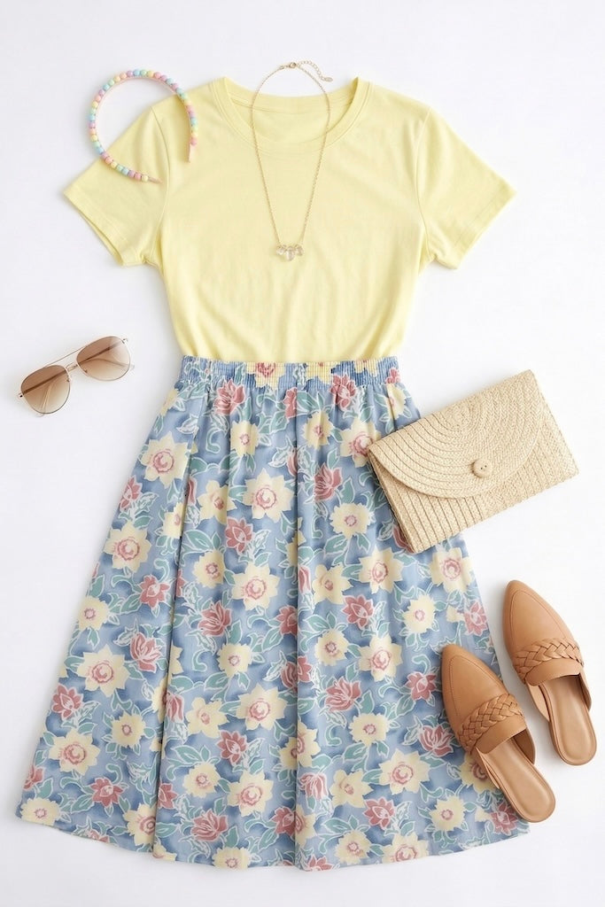 Vintage Pastel Blue Floral Print Skirt-ThisBlueBird