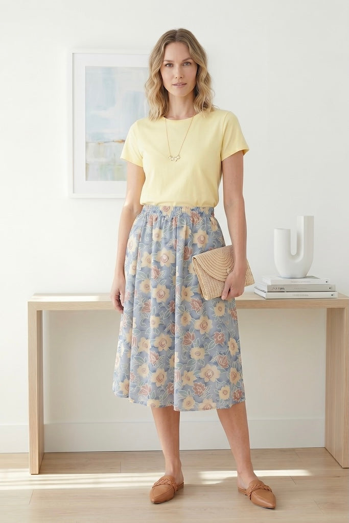 Vintage Pastel Blue Floral Print Skirt-ThisBlueBird