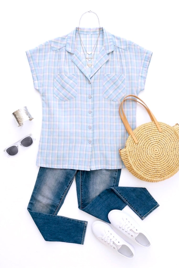 Vintage Pastel Blue Plaid Blouse-ThisBlueBird
