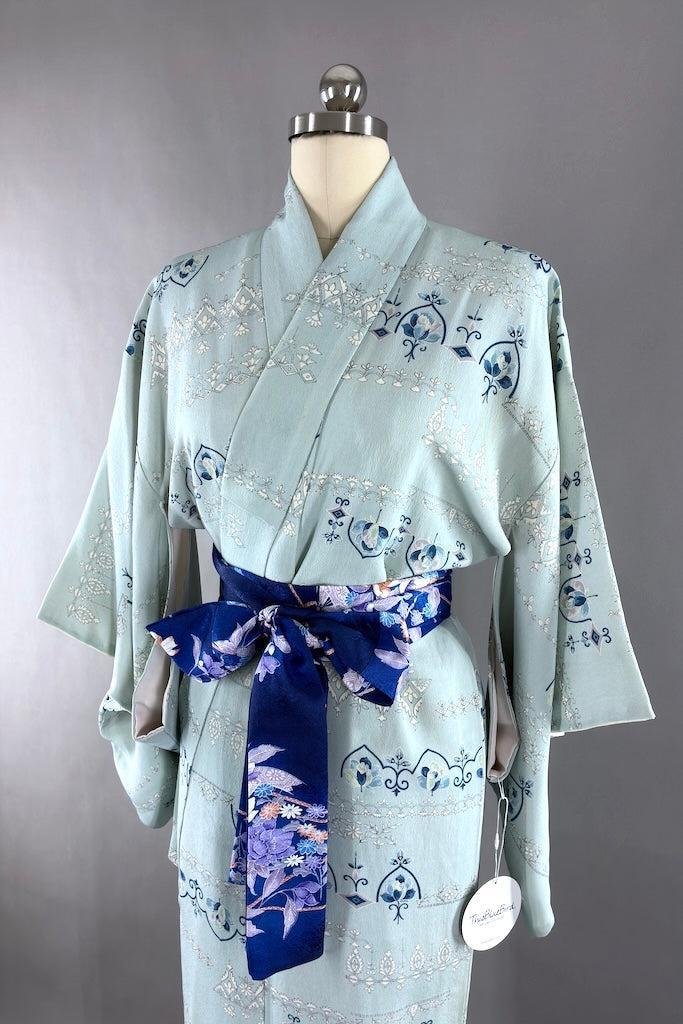 Vintage Pastel Blue Rose Silk Kimono-ThisBlueBird