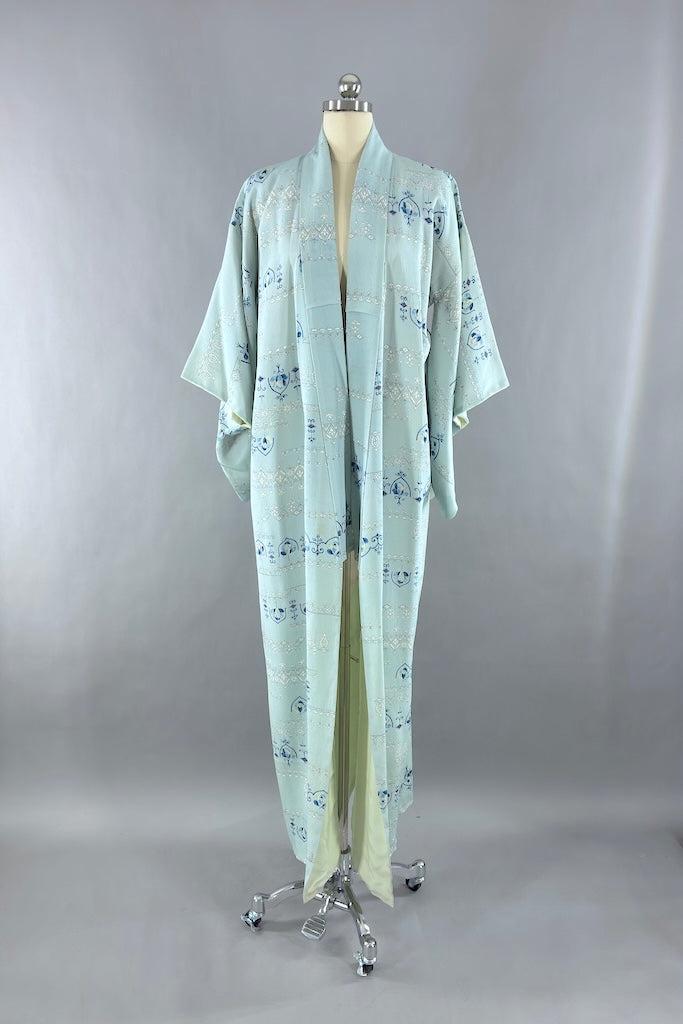 Vintage Pastel Blue Rose Silk Kimono-ThisBlueBird