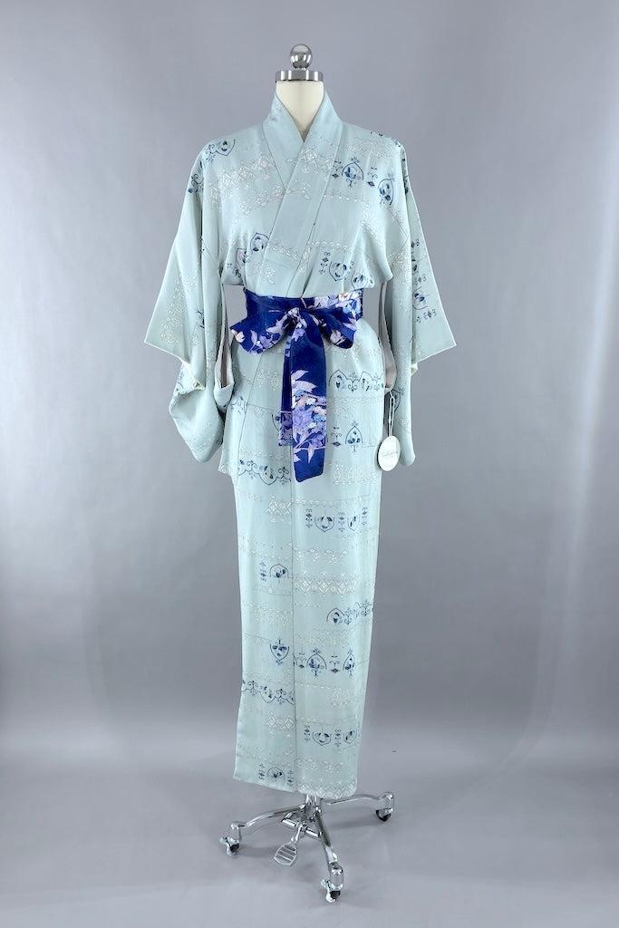 Vintage Pastel Blue Rose Silk Kimono-ThisBlueBird