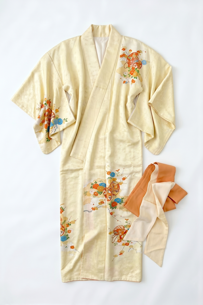 Vintage Pastel Yellow Drums Print Kimono Robe-ThisBlueBird