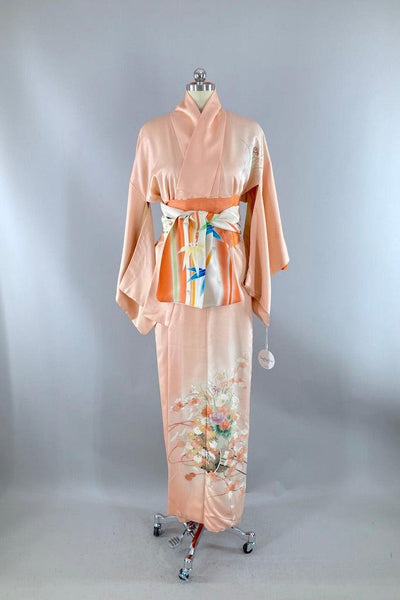 Vintage Peach Silk Floral Kimono-ThisBlueBird