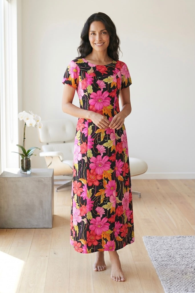 Vintage Pink & Black Hawaiian Maxi Dress-ThisBlueBird