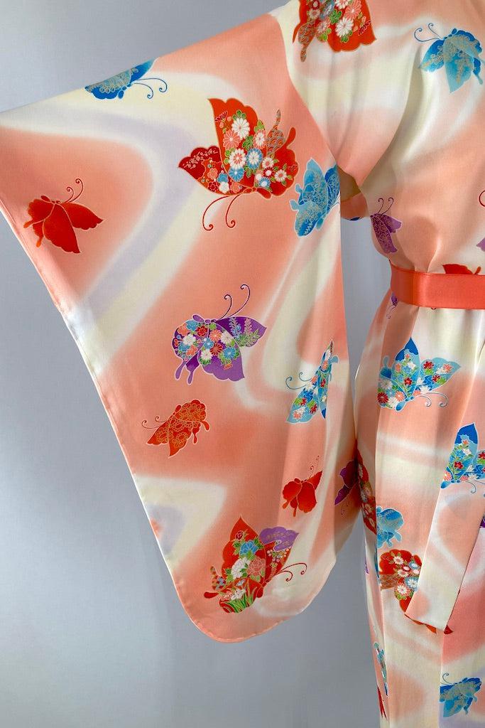Vintage Pink Butterflies Silk Kimono-ThisBlueBird