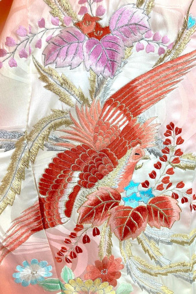 Vintage Pink Embroidered Phoenix Silk Kimono-ThisBlueBird