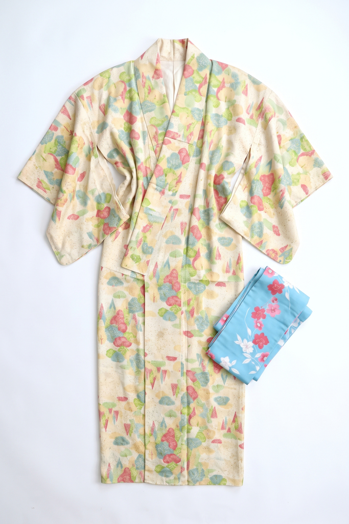 Vintage Pink & Green Trees Silk Kimono Robe-ThisBlueBird