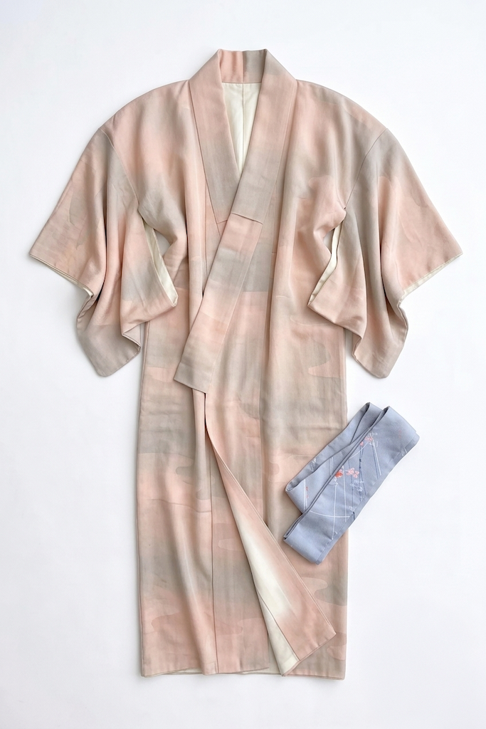 Vintage Pink &amp; Grey Ombre Silk Kimono Robe-ThisBlueBird