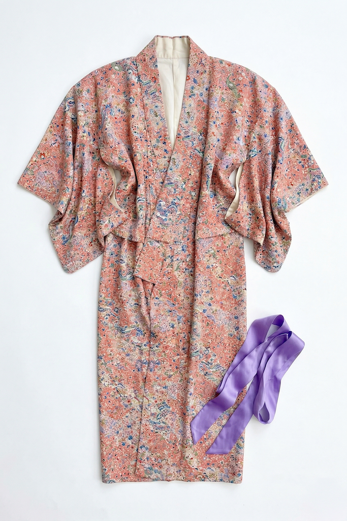 Vintage Pink Novelty Print Kimono Robe-ThisBlueBird