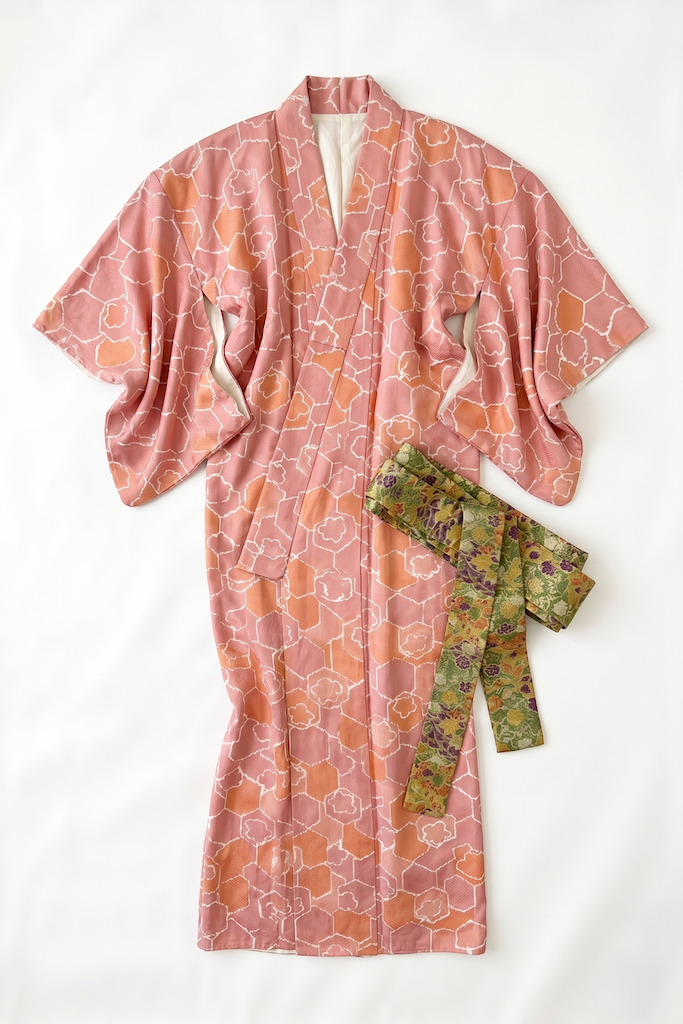 Vintage Pink & Orange Abstract Print Kimono Robe-ThisBlueBird
