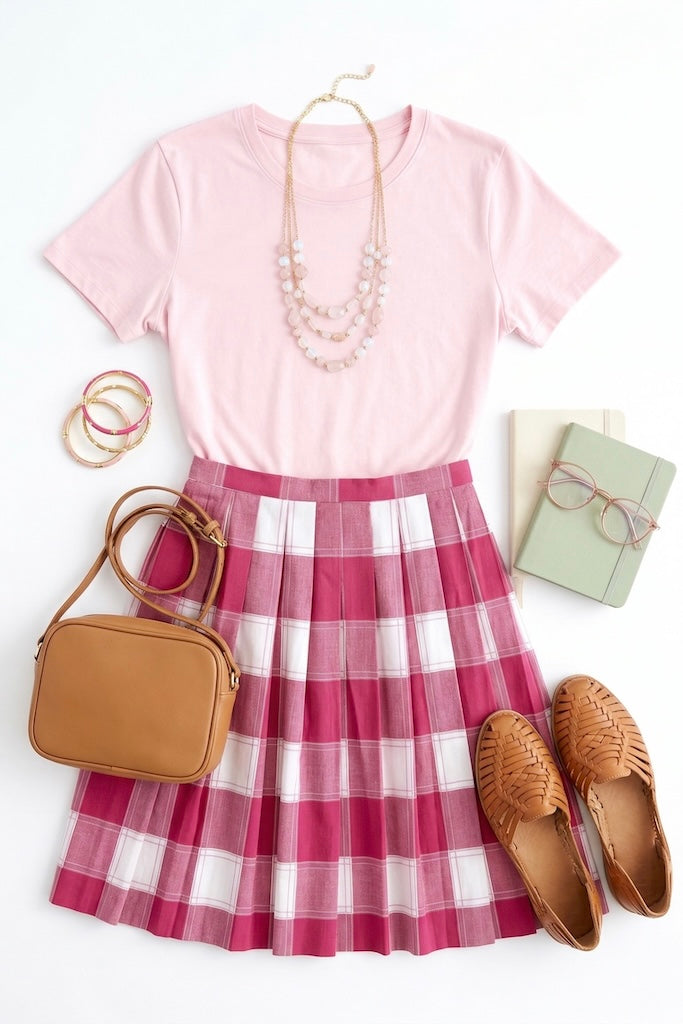 Vintage Pink Plaid Pleated Skirt-ThisBlueBird