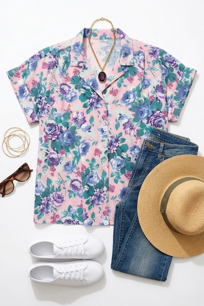 Vintage Pink Rose Print Summer Shirt-ThisBlueBird