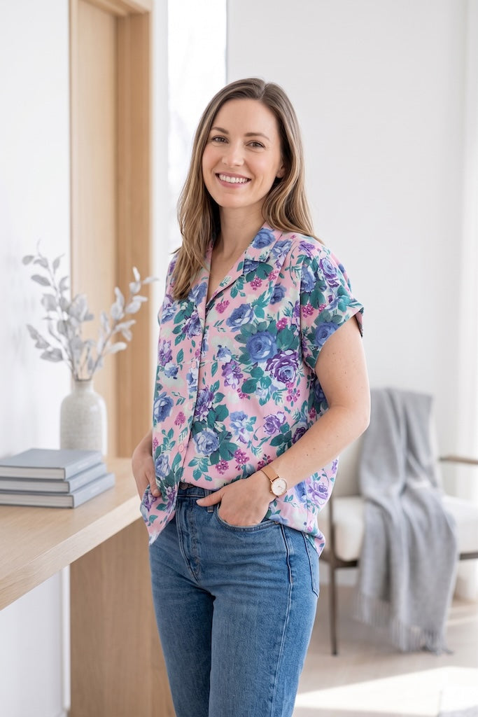 Vintage Pink Rose Print Summer Shirt-ThisBlueBird