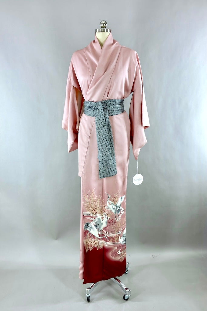 Vintage Pink Sandhill Cranes Silk Kimono Robe-ThisBlueBird