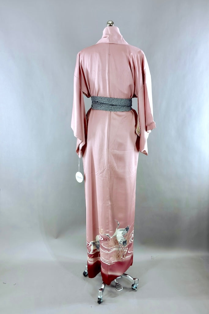 Vintage Pink Sandhill Cranes Silk Kimono Robe-ThisBlueBird