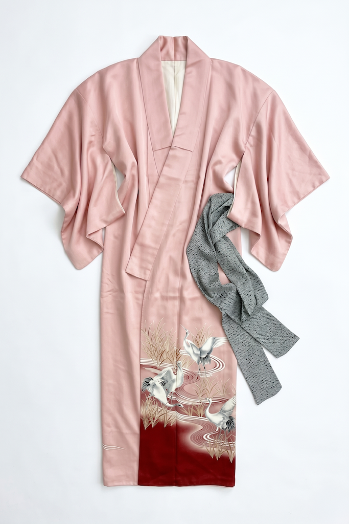 Vintage Pink Sandhill Cranes Silk Kimono Robe-ThisBlueBird