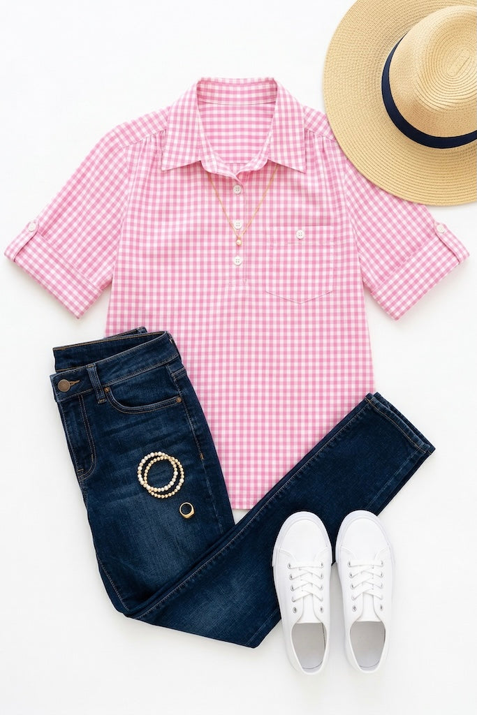Vintage Pink &amp; White Gingham Blouse-ThisBlueBird