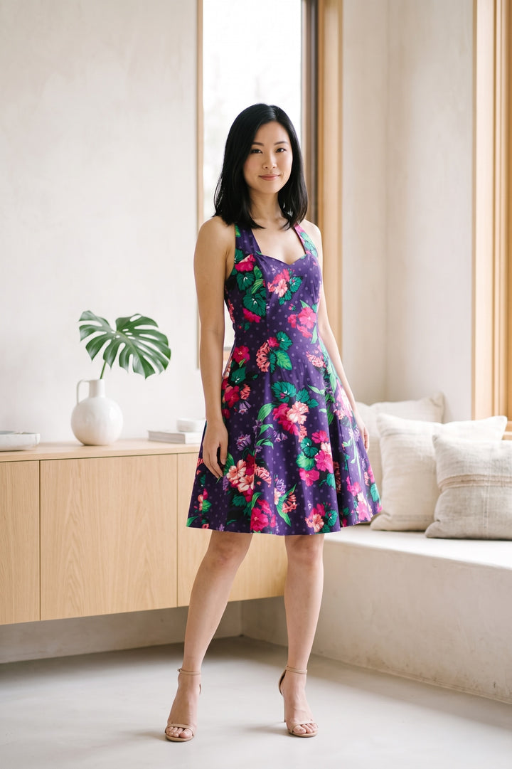 Vintage Purple Floral Print Halter Dress-ThisBlueBird
