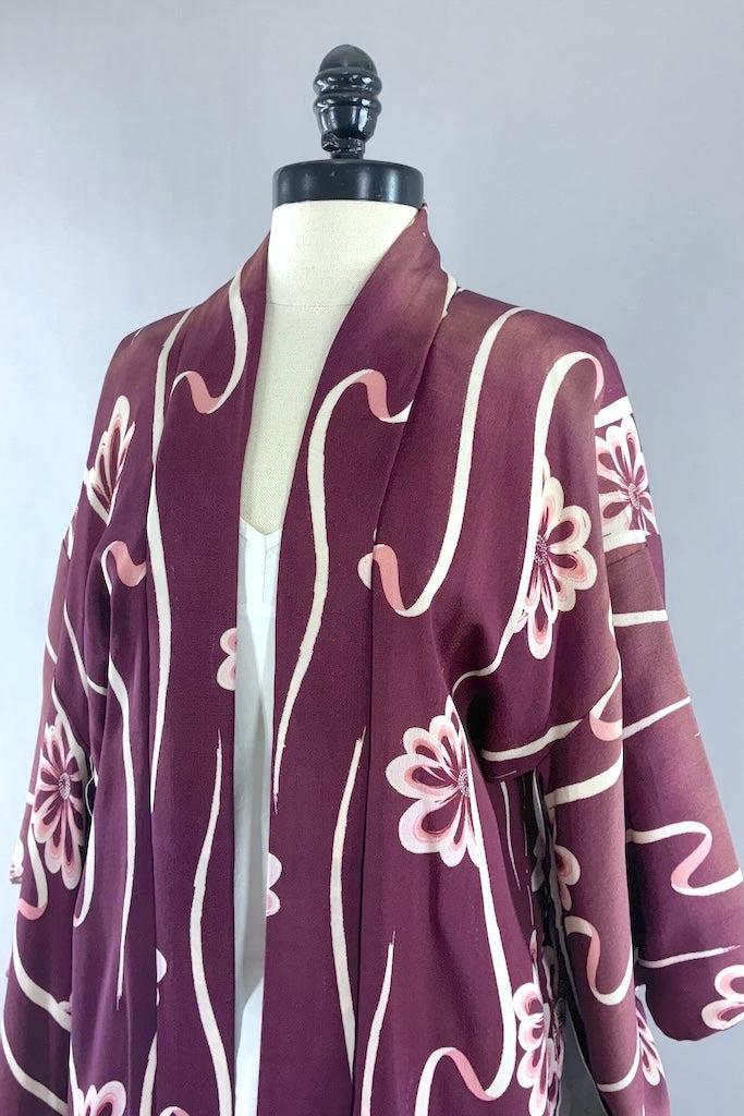 Vintage Purple Floral Silk Kimono Cardigan-ThisBlueBird