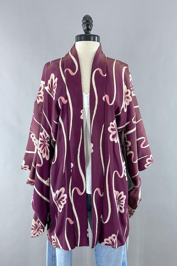 Vintage Purple Floral Silk Kimono Cardigan-ThisBlueBird