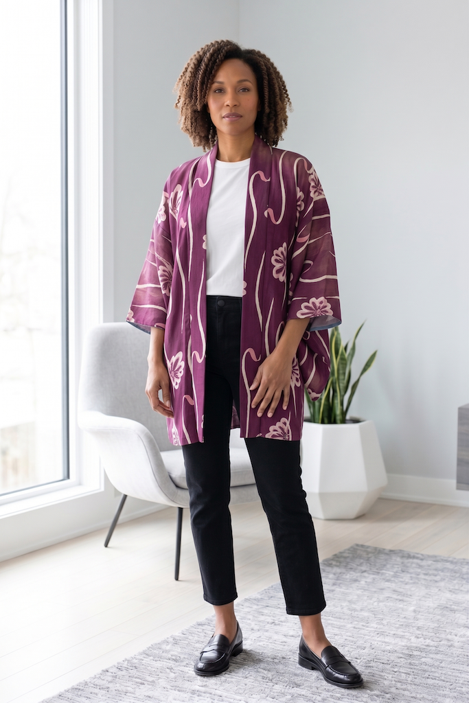 Vintage Purple Floral Silk Kimono Cardigan-ThisBlueBird