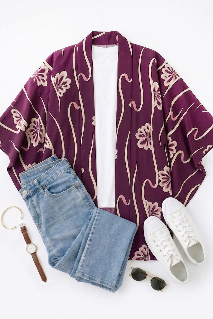 Vintage Purple Floral Silk Kimono Cardigan-ThisBlueBird