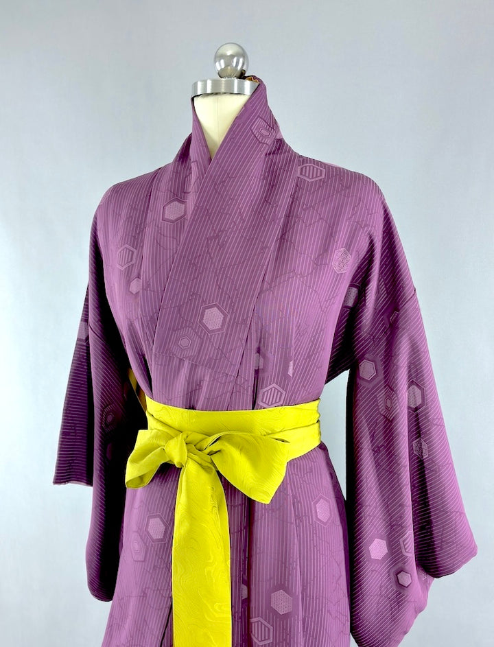 Vintage Purple Hexagon Silk Kimono Robe-ThisBlueBird