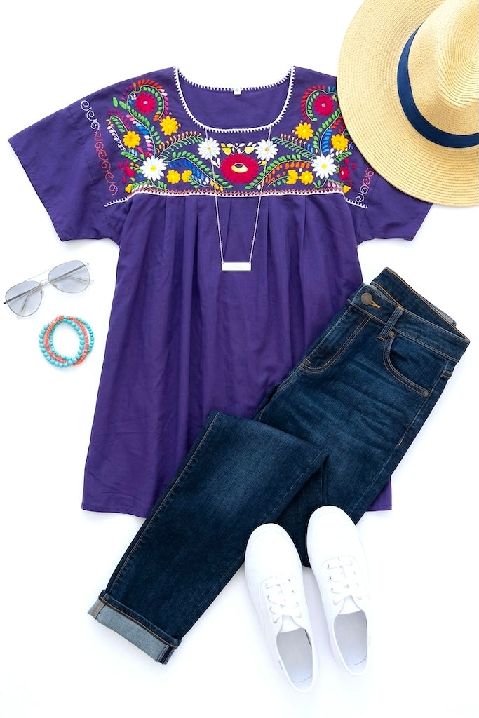 Vintage Purple Mexican Embroidered Plus Size Tunic-ThisBlueBird