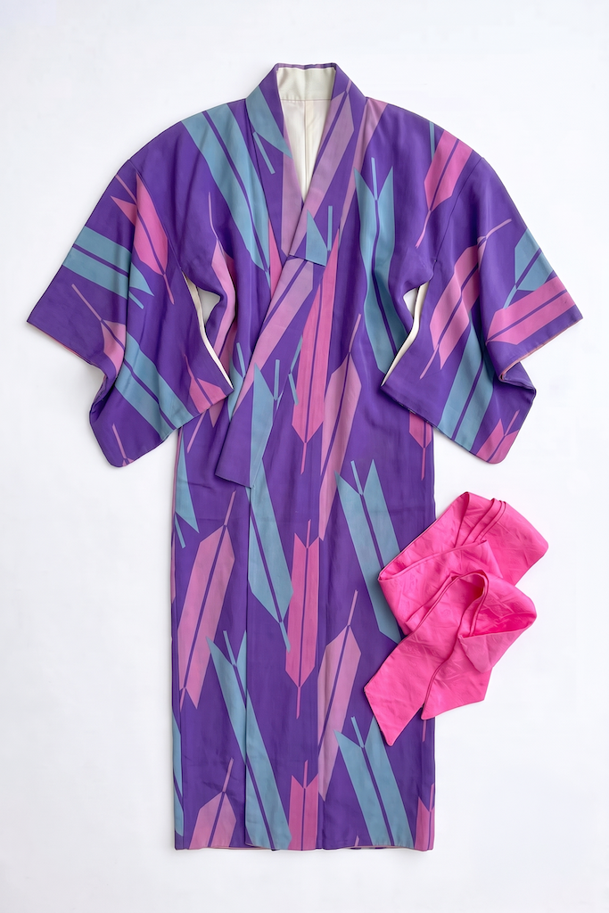 Vintage Purple &amp; Pink Arrows Silk Kimono Robe-ThisBlueBird
