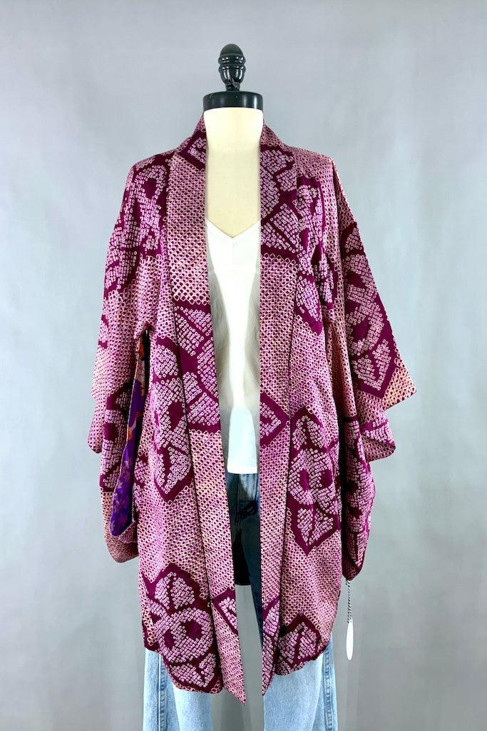 Vintage Purple Shibori Silk Kimono Cardigan-ThisBlueBird