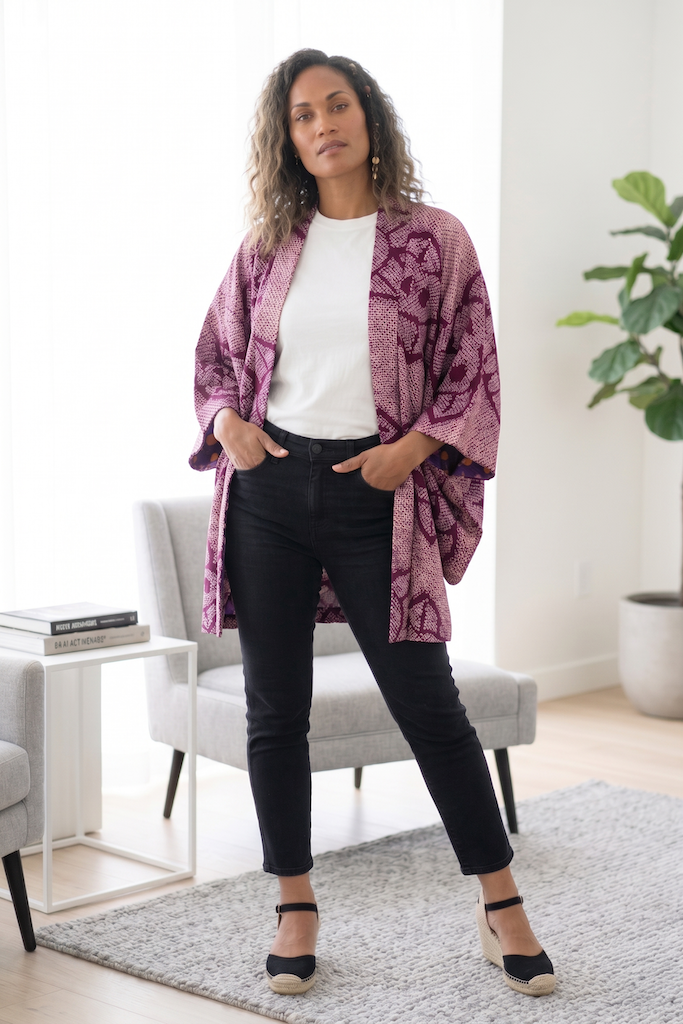 Vintage Purple Shibori Silk Kimono Cardigan-ThisBlueBird