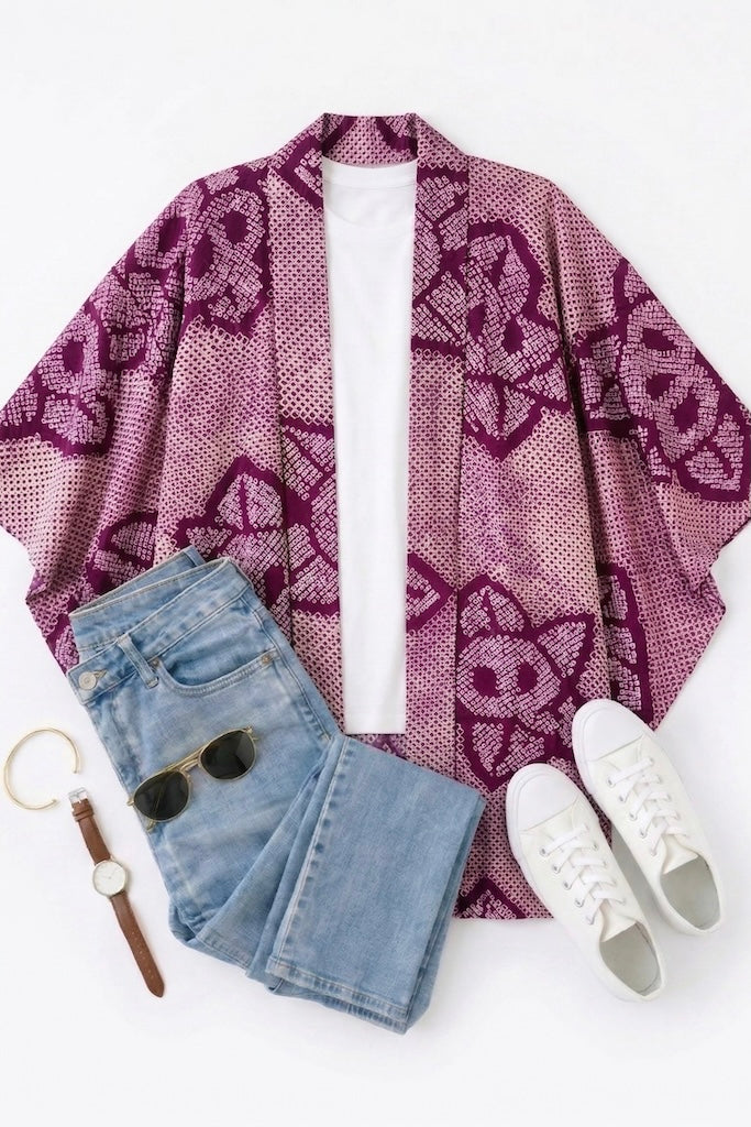 Vintage Purple Shibori Silk Kimono Cardigan-ThisBlueBird