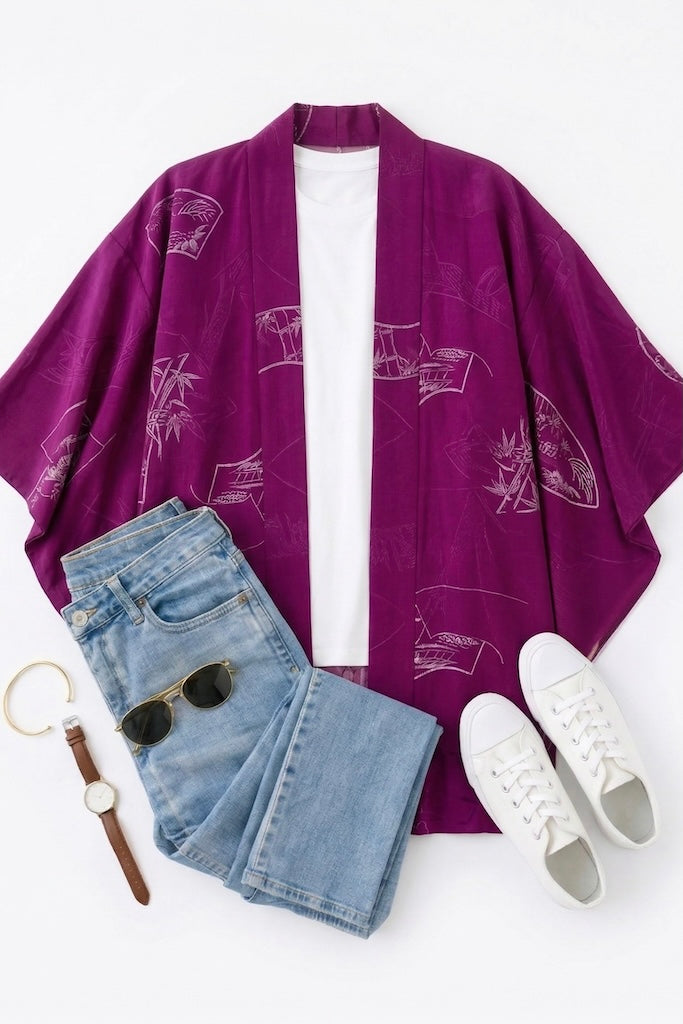 Vintage Purple Silk Kimono Cardigan-ThisBlueBird