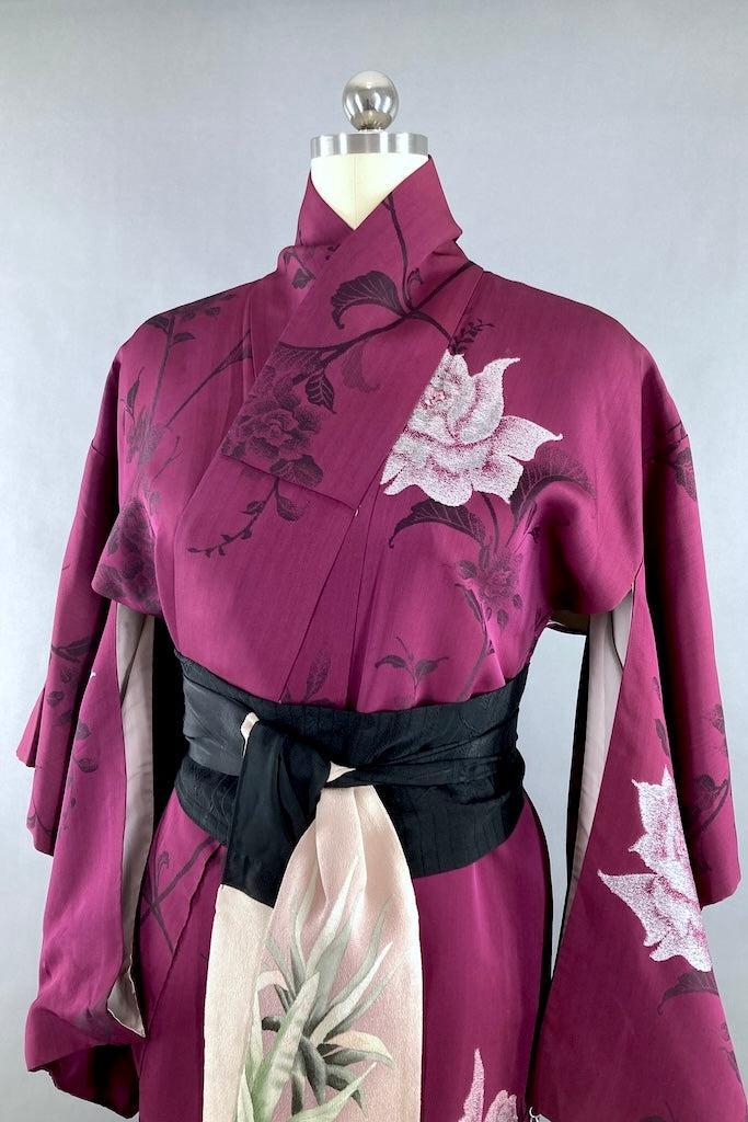 Vintage Purple Silver Rose Silk Kimono-ThisBlueBird