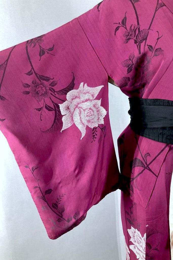 Vintage Purple Silver Rose Silk Kimono-ThisBlueBird