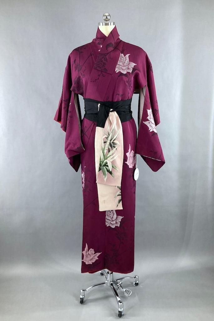 Vintage Purple Silver Rose Silk Kimono-ThisBlueBird