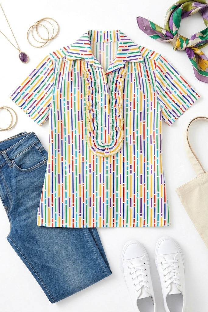 Vintage Rainbow Print Ruffle Blouse-ThisBlueBird