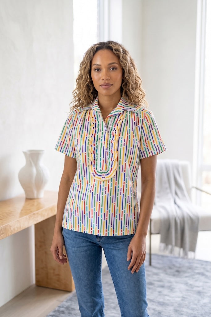 Vintage Rainbow Print Ruffle Blouse-ThisBlueBird