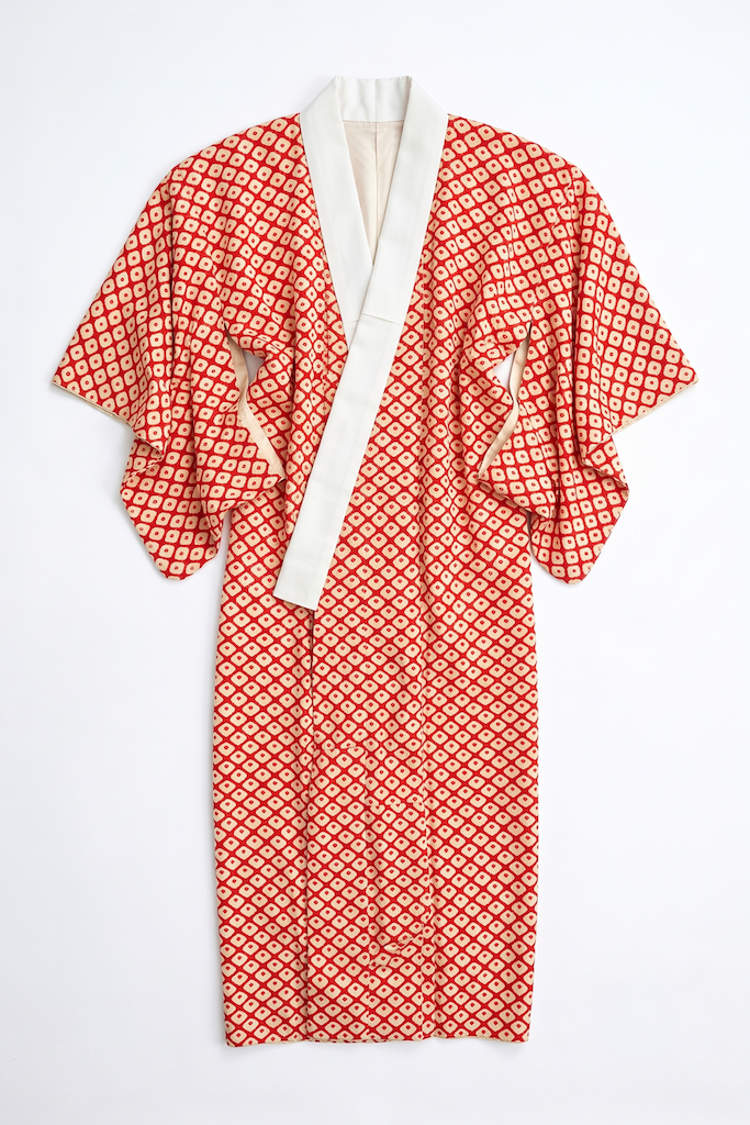 Vintage Red and White Diamond Silk Kimono Robe-ThisBlueBird