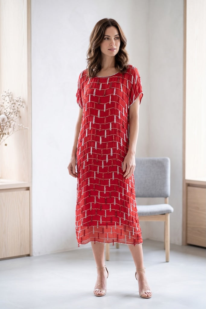 Vintage Red Beaded Silk Chiffon Flapper Dress-ThisBlueBird