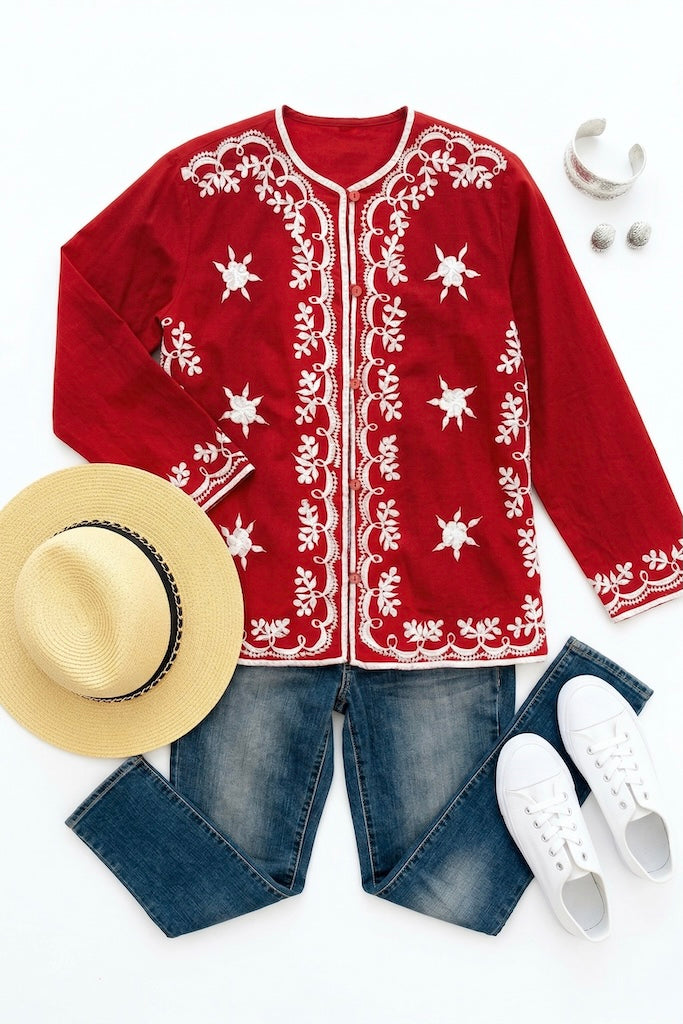 Vintage Red Embroidered Tunic Shirt-ThisBlueBird