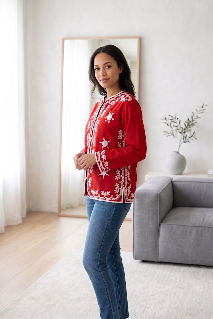 Vintage Red Embroidered Tunic Shirt-ThisBlueBird