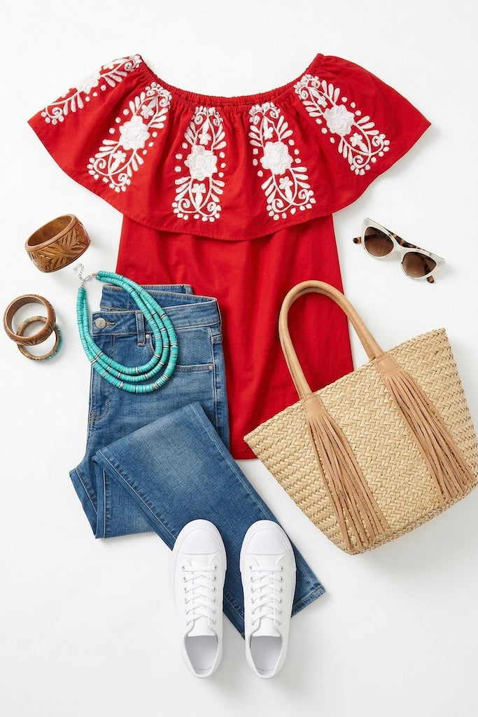 Vintage Red Embroidered Tunic-ThisBlueBird