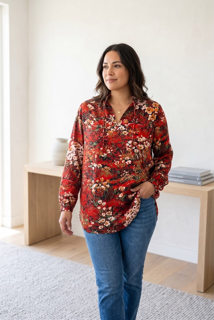 Vintage Red Floral Print Long Tunic-ThisBlueBird