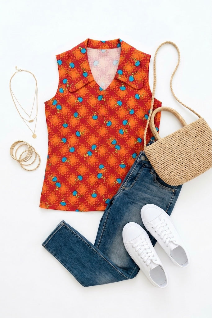 Vintage Red Floral Sleeveless Top-ThisBlueBird
