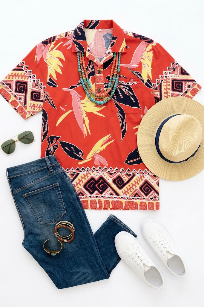 Vintage Red Hawaiian Print Shirt-ThisBlueBird