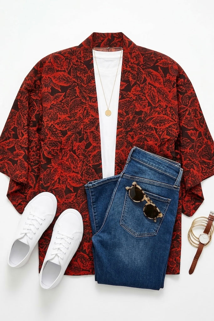 Vintage Red Leaves Kimono Cardigan-ThisBlueBird